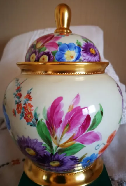 Prunk-Vase/Deckelvase, Handmalerei Wilhelm Koch, Dresden Blumen 💐Gold, Saxony