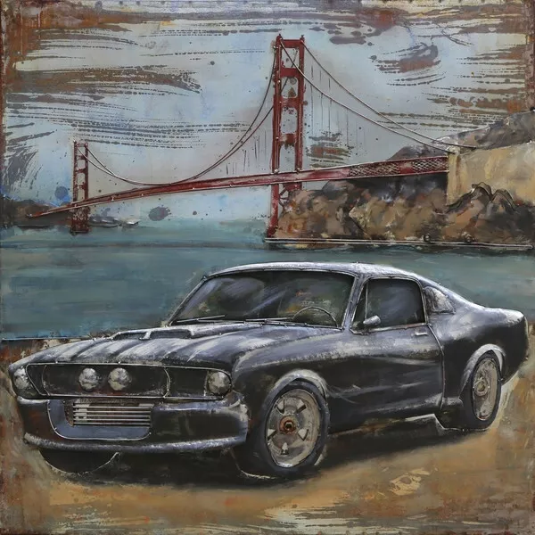  Hand Made Detailed Silver Chevy Car 3-D Painting on Metal Canvas