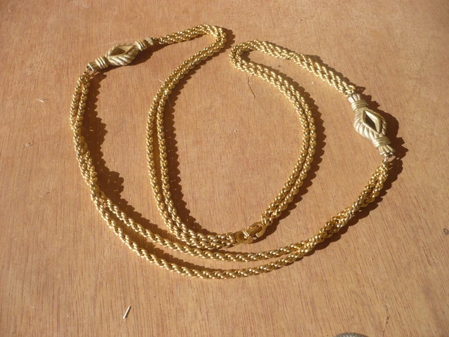 Collier Double Rang Vintage En Métal Doré Avec Perles D'oeil De Tigre - Sautoir Ancien
