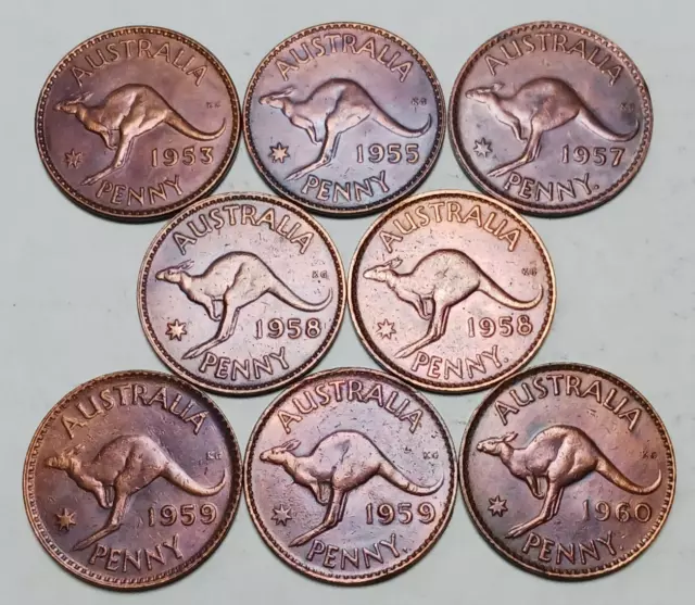 8x Australia One Penny - Bronze Coins - 1953-1960 with Varieties! - QEII