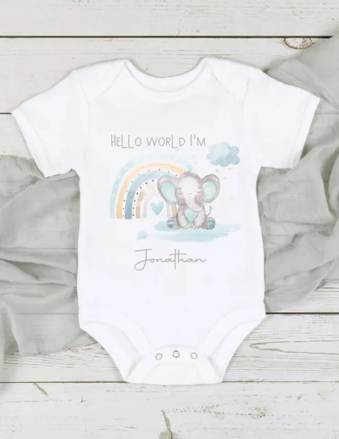 Personalised Hello World Blue Elephant Babygrow/Vest