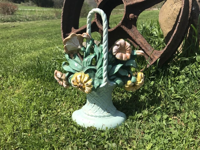 Antique Cast Iron Door Stop , Floral Basket , Hand Painted