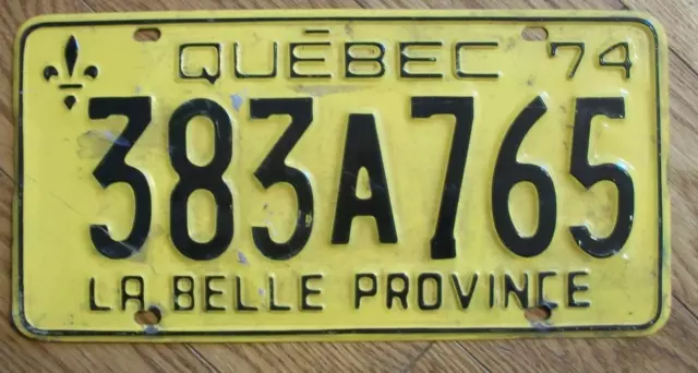 Single Quebec, Canada License Plate - 1974 - 383A765 - La Belle Province