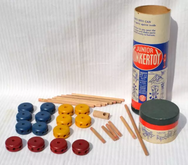 Vintage Tinkertoy Set Junior Tinker Toy with 30 wooden pieces and original box