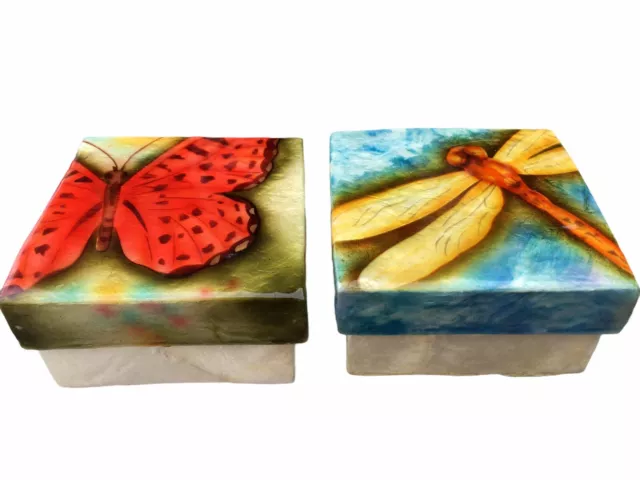 Capiz Shell Box Butterfly Jewelry Trinket Set Hand Painted 3" Dragonfly