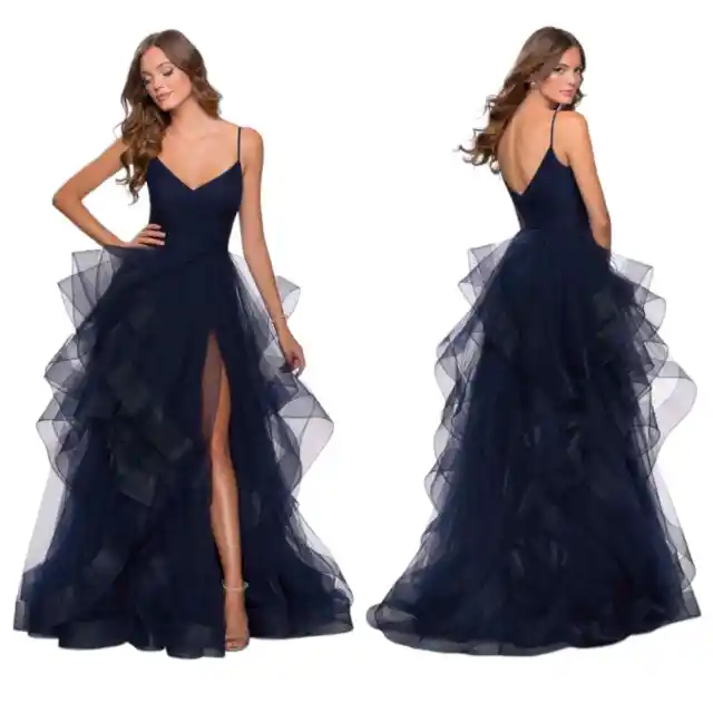 La Femme NWT Layered Tulle Gown Navy Blue Size 14 *Flaw 2" Tear in Tulle*