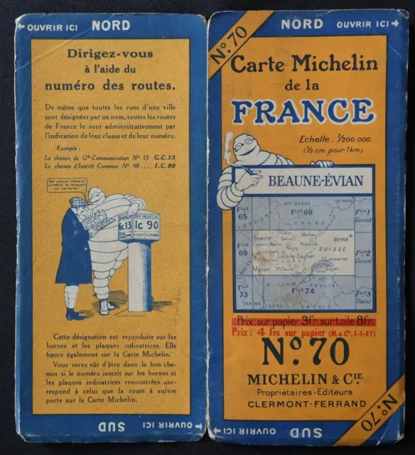 Carte 1927 MICHELIN 70 BEAUNE EVIAN Guide Bibendum pneu tyre map