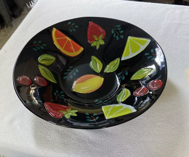 15 “ Round Centerpiece Black Glass Bowl With Raised Fruit  3 1/2” Depth.