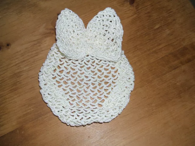 Vintage Style Cream White Handmade Crocheted Bun Cover Snood With Bow Detail
