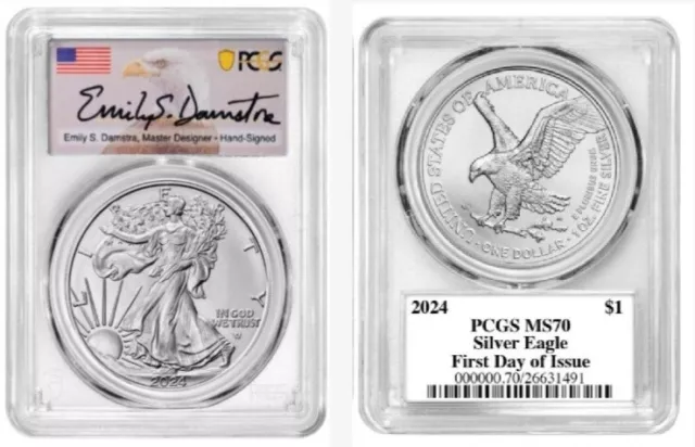 2024 $1 American Silver Eagle Pcgs Ms70 First Day Of Issue Damstra Signed Label