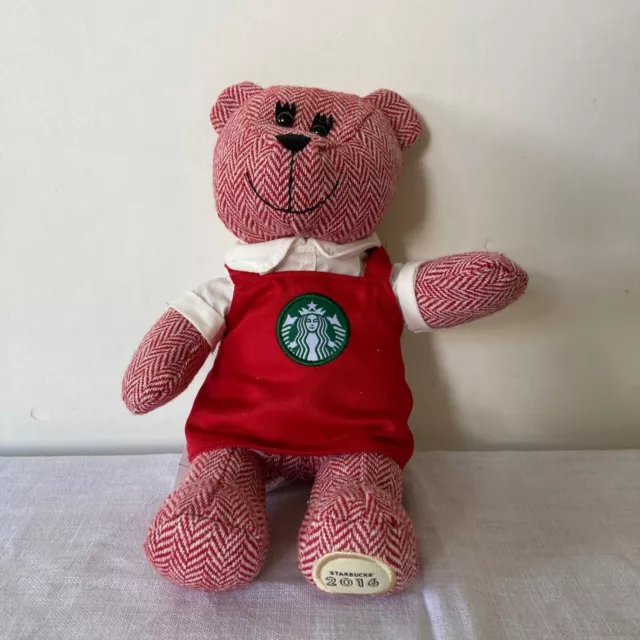 STARBUCKS BEARISTA BEAR in Red Apron Herringbone 10" Stuffed Animal