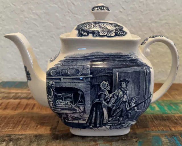 Staffordshire Liberty Blue Tea Pot Minute Men Historic Colonial Scenes Teapot