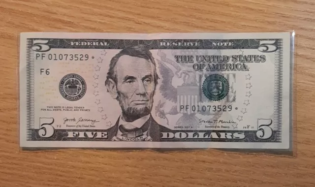 2017-A Abraham Lincoln Five Dollar Bill $5 Star Note 01073529*