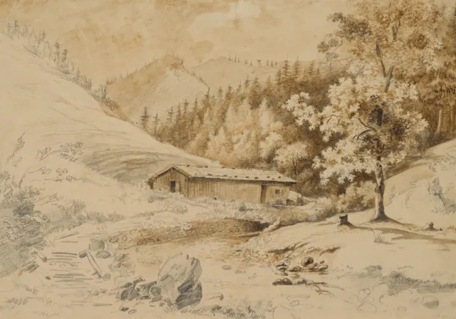 J. HEINEL (1800-1843), Bayerische Landschaft, Bleistift Romantik Landschaft