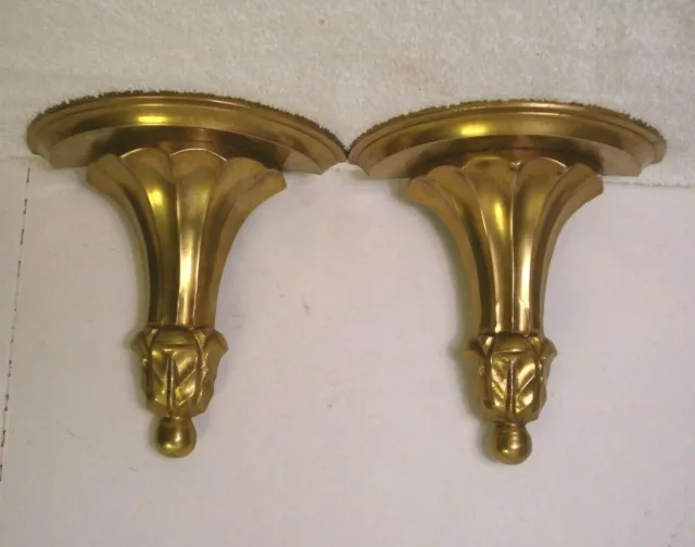Vtg Pair Hollywood Regency Solid Brass Wall Bracket Shelf Sconce 7" x 7" India