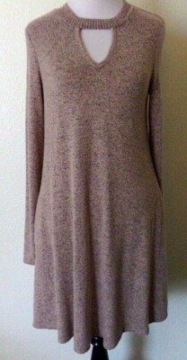 Fortune Ivy Sweater Dress Pink Gray Pockets Long Sleeve Soft Front Cut Out Small