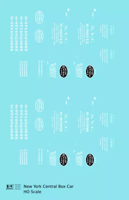 K4 HO Decals New York Central 40 Ft Boxcar White
