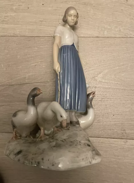 B&G Bing Grondahl Goose Girl Feeding Geese Figurine 2254 Signed Axel Locher