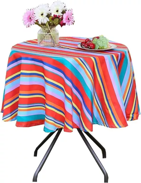 Eternal Beauty Waterproof Tablecloth, 132cm Indoor Outdoor Red Blue Stripe Round