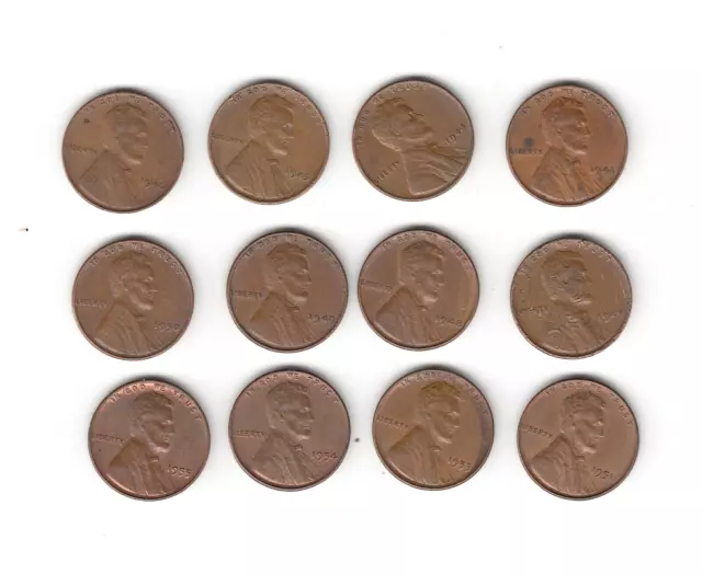 Lot of TWELVE (12) Lincoln Wheat Penny Cent 1940s & 1950s NO DUPLICATES! Lot 1