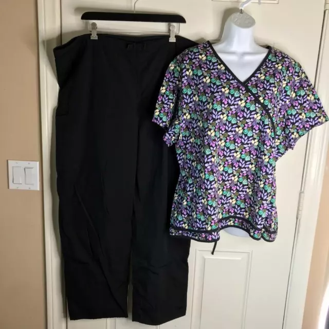 Cherokee Women's Uniform Scrub Pants and Top Lot Black/Purple ~ Size XL