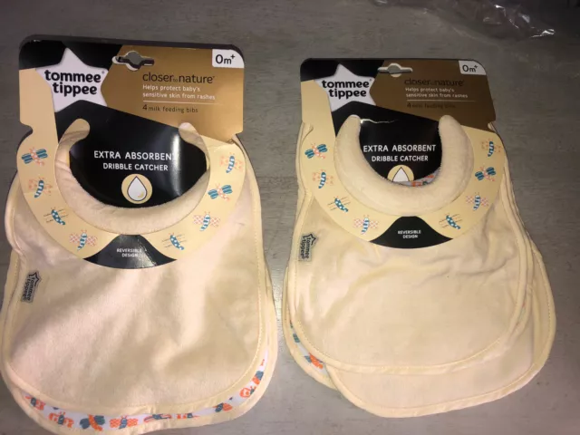 Tommee Tippee CLOSER TO NATURE MILK FEEDING BIBS 4 Pack X2. (8 Bibs ) NEW