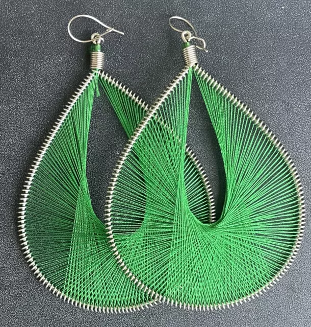 Large Silk Thread Teardrop Earrings Green Alpaca Silver Handmade Peruvian Boho