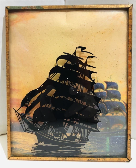 VINTAGE REVERSE PAINTED Clipper Ship Convex Bubble Glass Small Framed