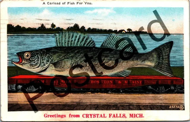 1933 Greetings from CRYSTAL FALLS MI, A Carload of Fish For You,  postcard jj117