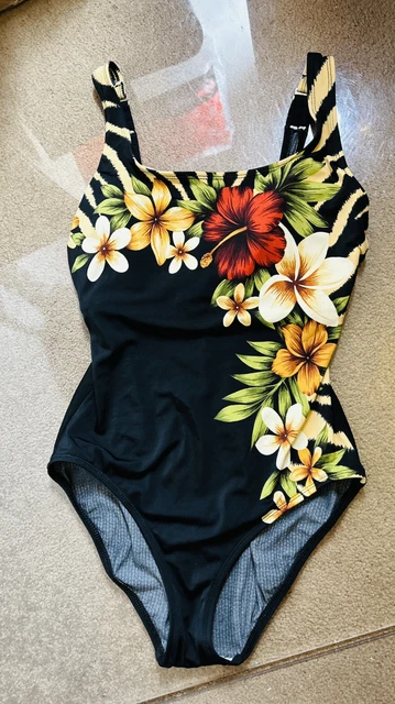 Vtg Roxanne Bra Style Hawaiian hibiscus Print Floral One Piece Swimsuit 12-36D