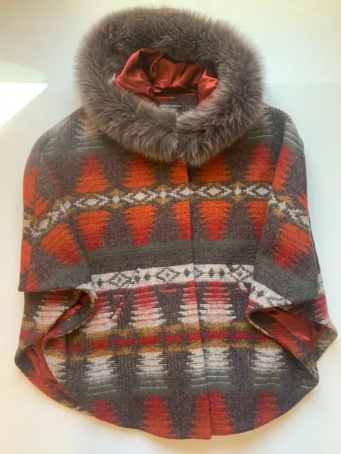 Sofia Cashmere Aztec Wool Blend With Fox Fur Trim Hood Cape S/M