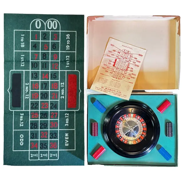 Vintage Casino Roulette Set No. 126 H. Baron Co. w/Wheel Felt Mat Chips Orig Box