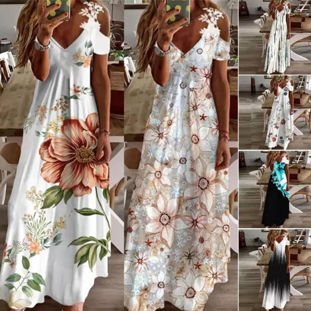 Ladies Boho Beach Sundress Womens Holiday Maxi Cami Boho Floral Print Long Dress