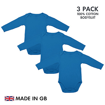 Baby Bodysuit 6 PACK Royal Blue Boys Girls Blank Babygrow Vest LONG Sleeve UK