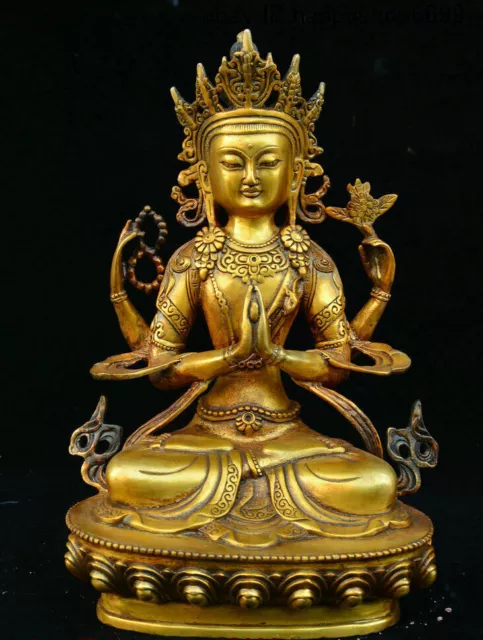 Old Tibet Buddhism Temple Bronze 4 Arms Chenrezig Goddess Buddhas Goddess Statue