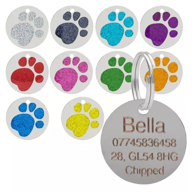 Dog Cat Pet ID Tag Glitter Collar ID Tags Personalised Engraved Round Paw Print