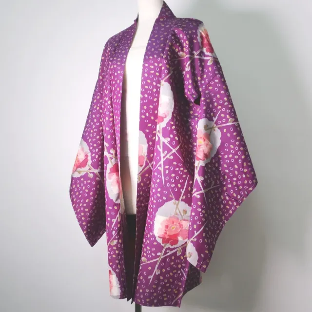 8849B1 Silk Vintage Japanese Kimono Haori Jacket Rose Meisen Long