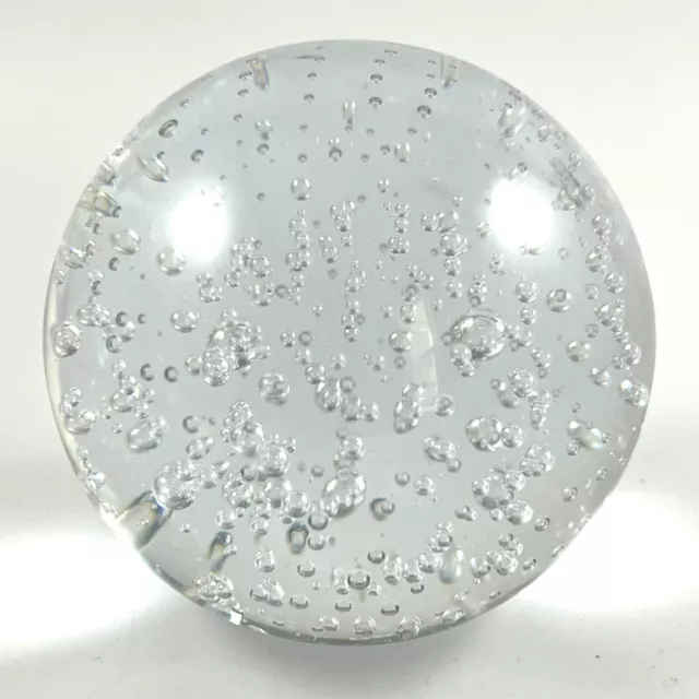 Hand Blown Art Glass Clear White Bubble Round Sphere Paperweight Large Office