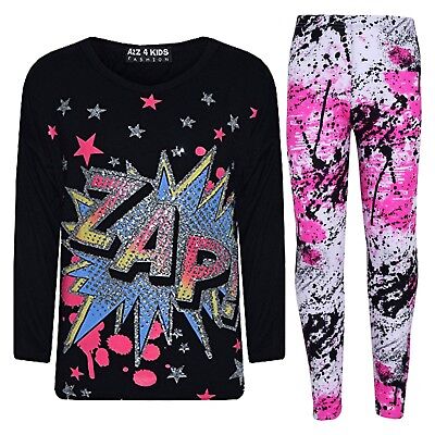 Kids Girls Top Black Designer Zap Print T Shirt Tops & Splash Legging Set 7-13Yr