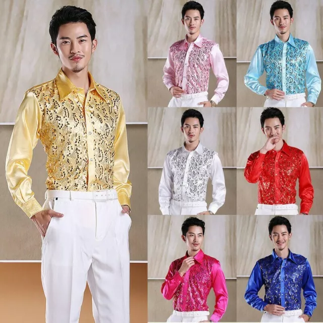 Men's Shiny Silk Feel Sequin Shirt Blouse Top Stage Party Wet Look Long Sleeve