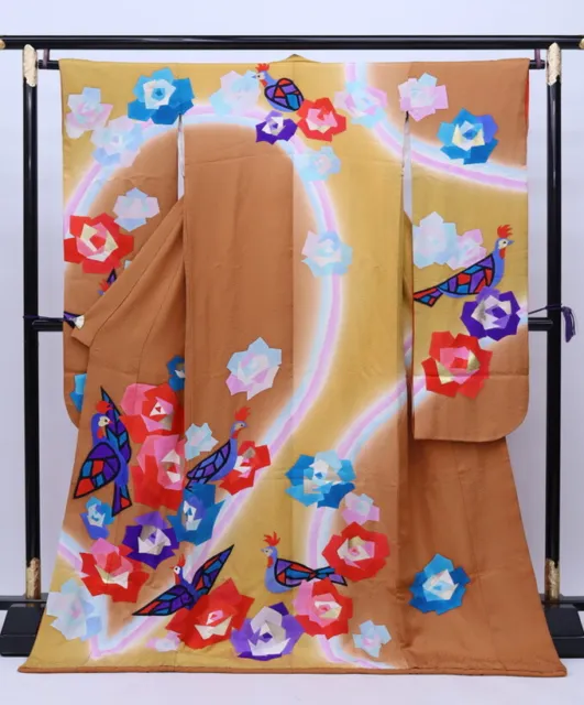 Japanese Silk Kimono Vintage Furisode Gold Yellow Birds Flower Brown Robe 70in.