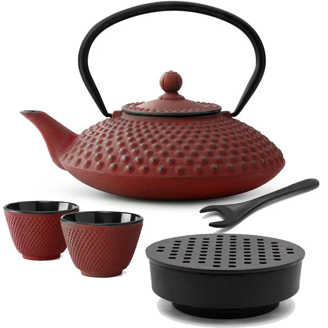 Asia Gusseisen Tee Set rot 1.25 L Kanne mit Stövchen 2 Teebecher & Deckelheber