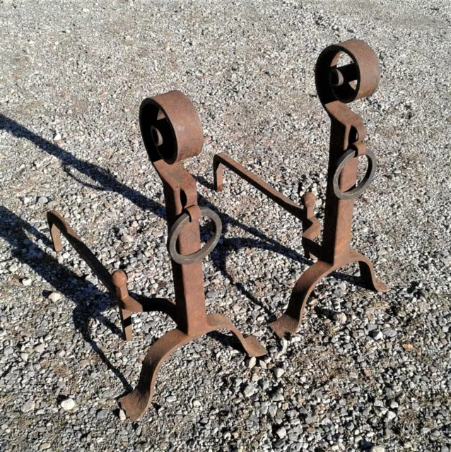 Pair Antique Arts & Crafts Hand Forged Iron Fireplace Andirons w Brass Rings