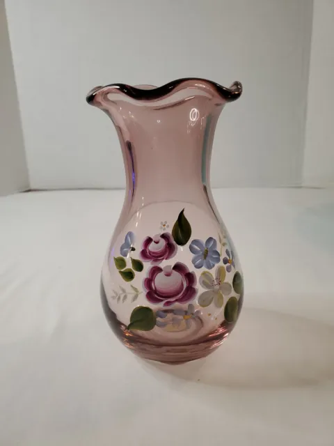 Vtg Teleflora FENTON Purple Amethyst Glass Floral Ruffled Hand Painted Vase 8"h