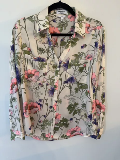 Express Women’s Size Medium Portofino Shirt Slim Fit Bright Floral Blouse