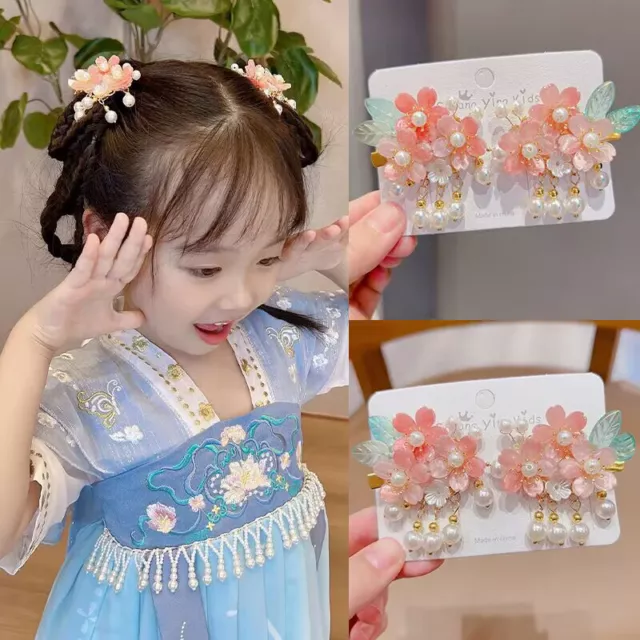 2PCS Beautiful Chinese Style Children Girl Beaded Hairpin Flower Pearl Hair C Ni