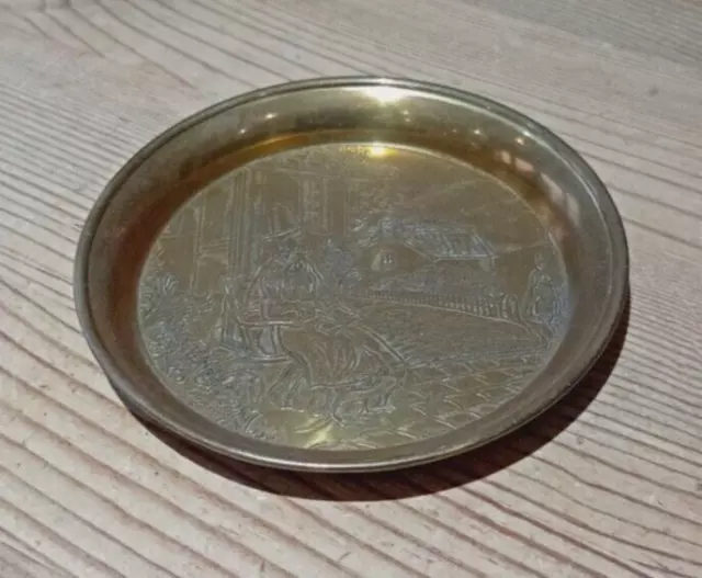 Small brass dish pin dish Welsh folk scene 4 1/2 inches across