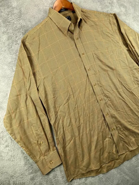 LANDRYS Button Dress Shirt Mens Large Brown Houndstooth Wrinkle Free Single Poin 2