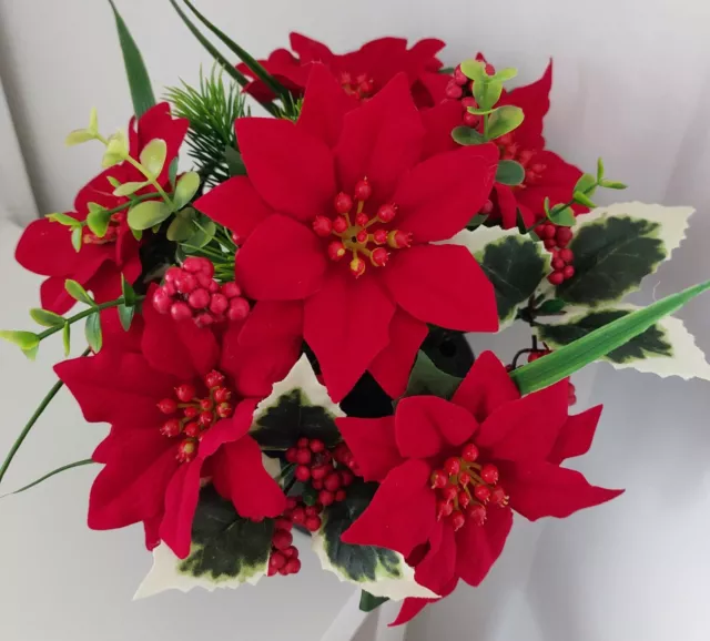 Christmas Grave Flowers | Flowers For Graves | Red Poinsettia Holly & Pine 2