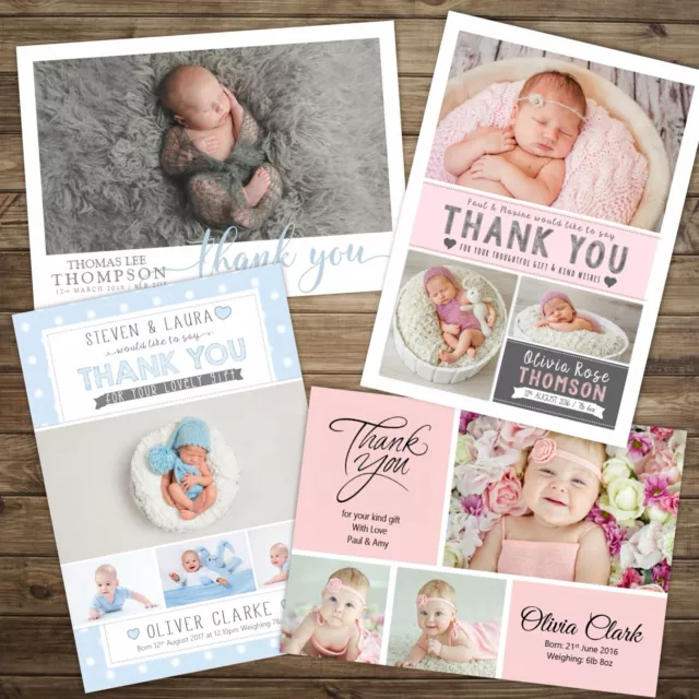 Personalised New Baby Thank You Cards / Announcement inc Envelopes + Photo (B1)